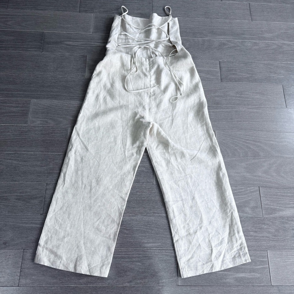 Reformation Huntington Open Back Linen Jumpsuit 12 Oatmeal Wide Leg Lace Up - Picture 5 of 16